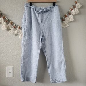 Chico's 100% Linen Striped Crop Straight Leg Belted Pants Nautical Coastal 12R